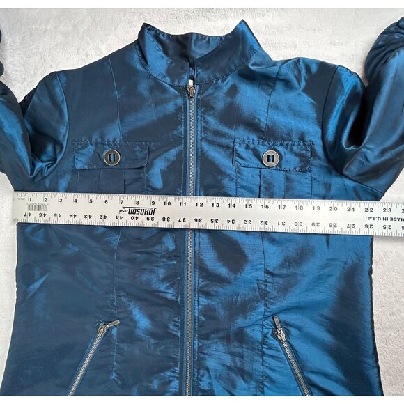 Chico's Womens Size 2 Blue Shimmer Zip Jacket Ruched Sleeve Lightweight Pockets - Picture 6 of 7